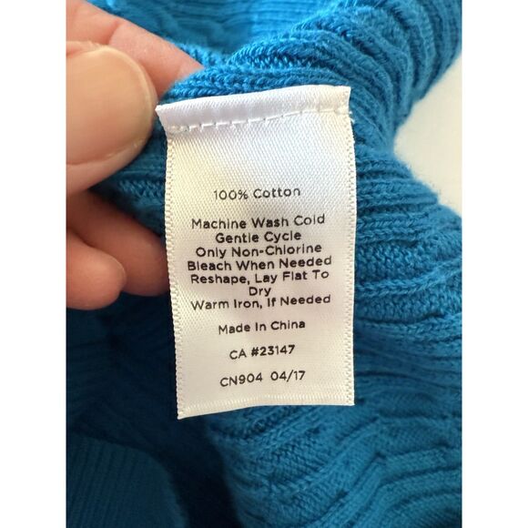 Talbots Cable Knit Sweater Lightweight V Neck Teal Blue Cotton Knit Preppy Large - Picture 16 of 16